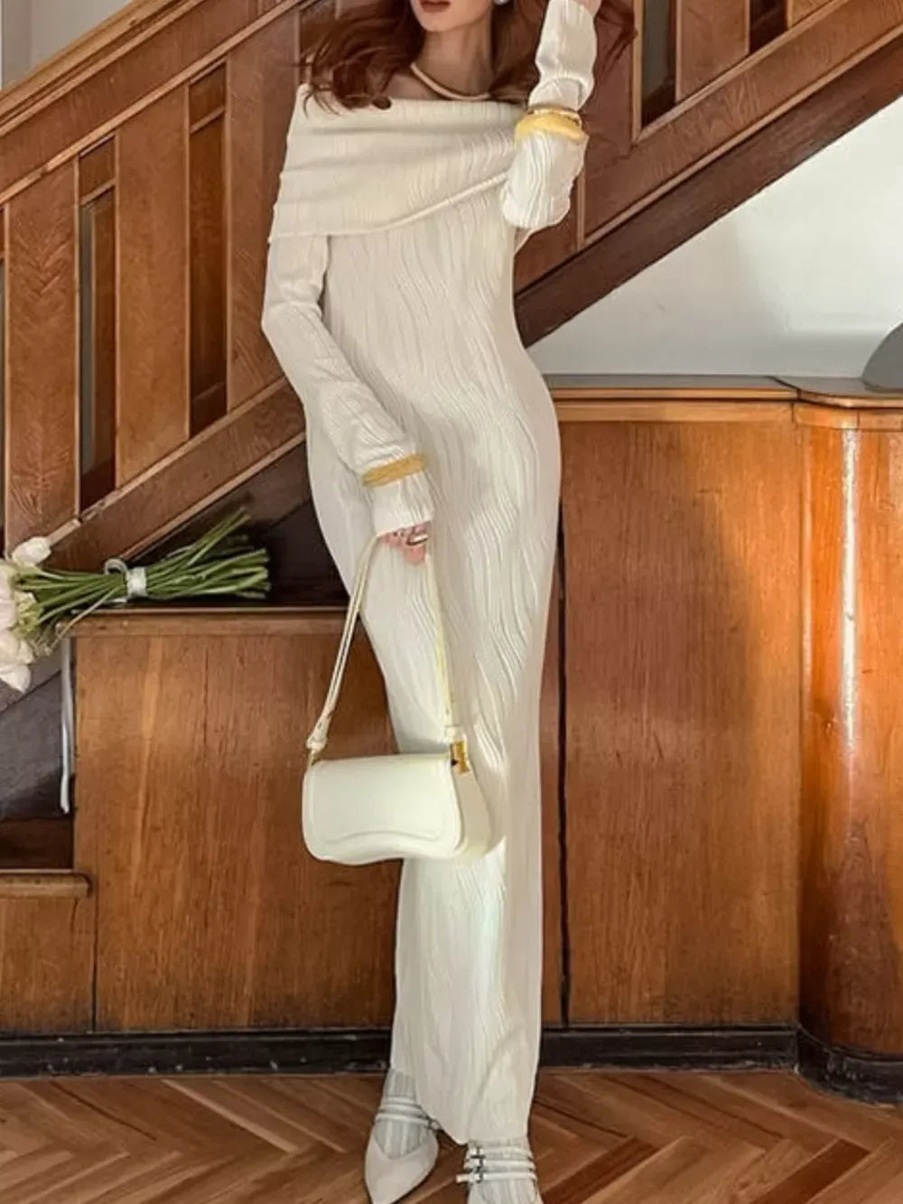 Off-Shoulder Textured Knit Maxi Dress for Women – Elegant, Comfortable, and Stylish for Any Occasion