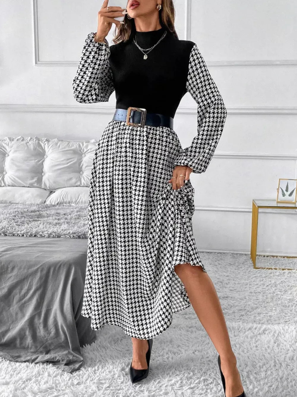 Houndstooth Mock Neck A-Line Dress for Women – Chic, Timeless Pattern, Elegant Fit for Any Occasion