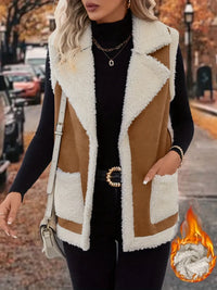 Full Size Contrast Open Front Sherpa Vest Coat for Women – Cozy, Stylish, and Warm Outerwear for Winter
