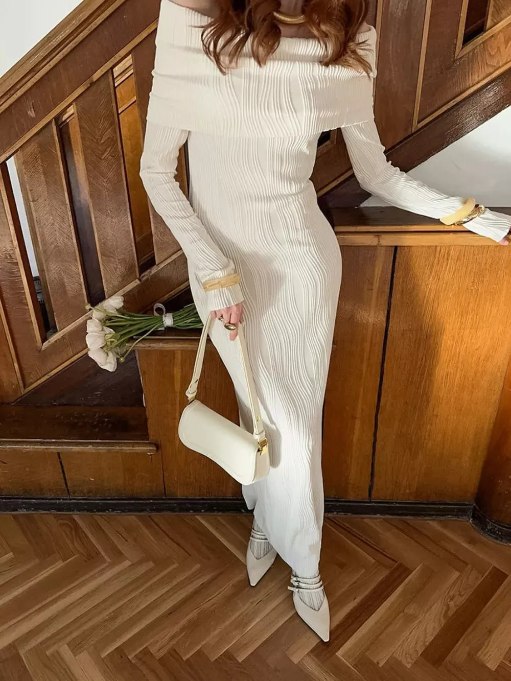 Off-Shoulder Textured Knit Maxi Dress for Women – Elegant, Comfortable, and Stylish for Any Occasion