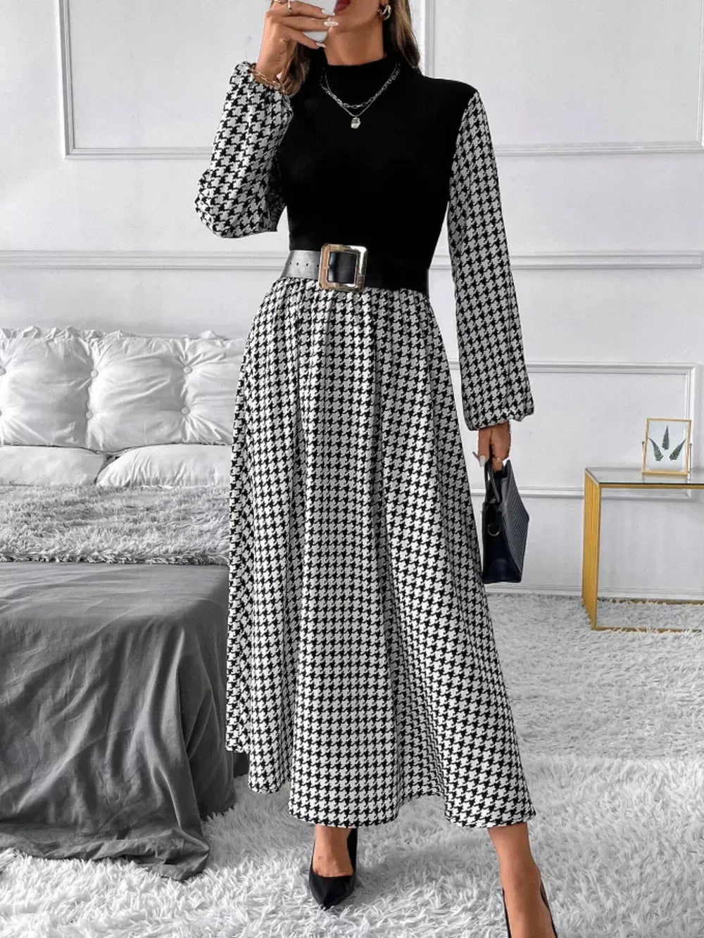 Houndstooth Mock Neck A-Line Dress for Women – Chic, Timeless Pattern, Elegant Fit for Any Occasion