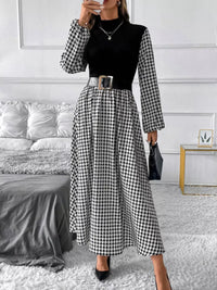 Houndstooth Mock Neck A-Line Dress for Women – Chic, Timeless Pattern, Elegant Fit for Any Occasion