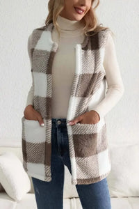 Women’s Sherpa Plaid Open-Front Vest Coat – Cozy Winter Layer