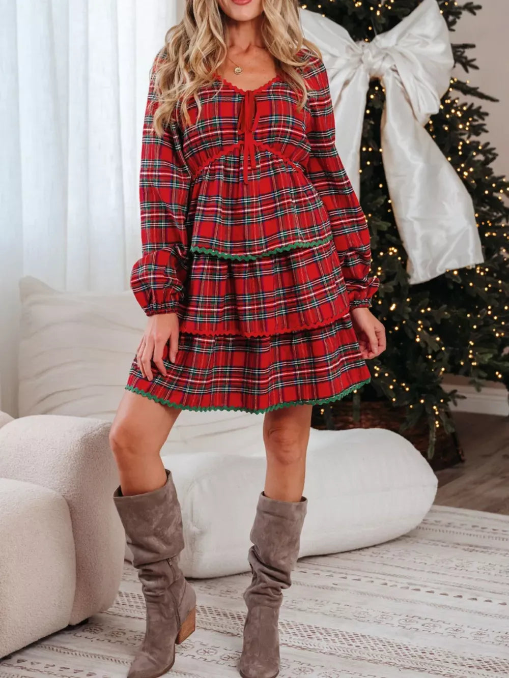 Plaid Print Ricrac Tiered Bubble Sleeve Mini Dress – Trendy, Flattering, and Stylish for Casual and Special Occasions