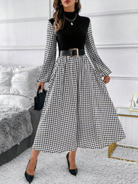 Houndstooth Mock Neck A-Line Dress for Women – Chic, Timeless Pattern, Elegant Fit for Any Occasion