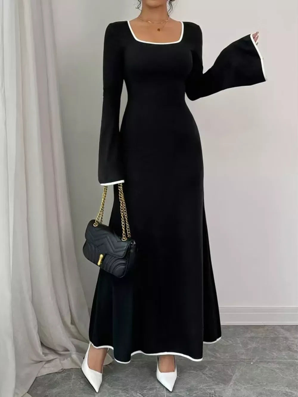 Square Neck Flare Sleeve Maxi Dress for Women – Elegant, Flattering Fit for Special Occasions