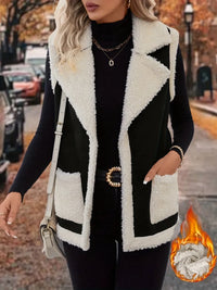 Full Size Contrast Open Front Sherpa Vest Coat for Women – Cozy, Stylish, and Warm Outerwear for Winter