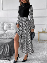 Houndstooth Mock Neck A-Line Dress for Women – Chic, Timeless Pattern, Elegant Fit for Any Occasion
