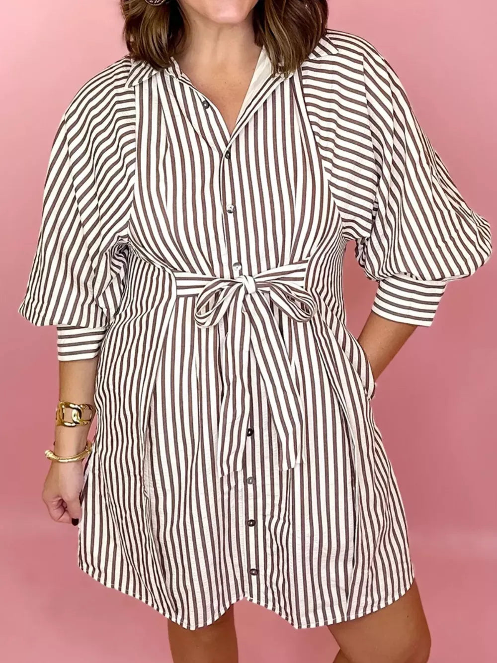 Striped Tie Waist Shirt Dress for Women – Stylish, Comfortable, and Flattering for Everyday Wear