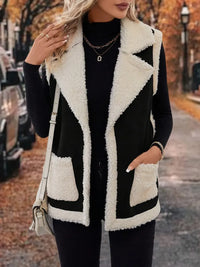 Full Size Contrast Open Front Sherpa Vest Coat for Women – Cozy, Stylish, and Warm Outerwear for Winter