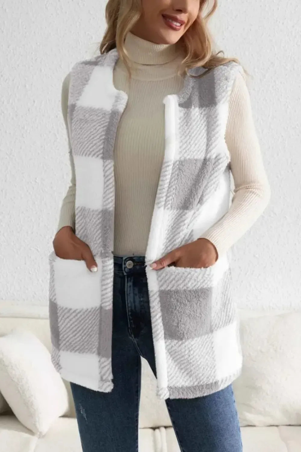 Women’s Sherpa Plaid Open-Front Vest Coat – Cozy Winter Layer