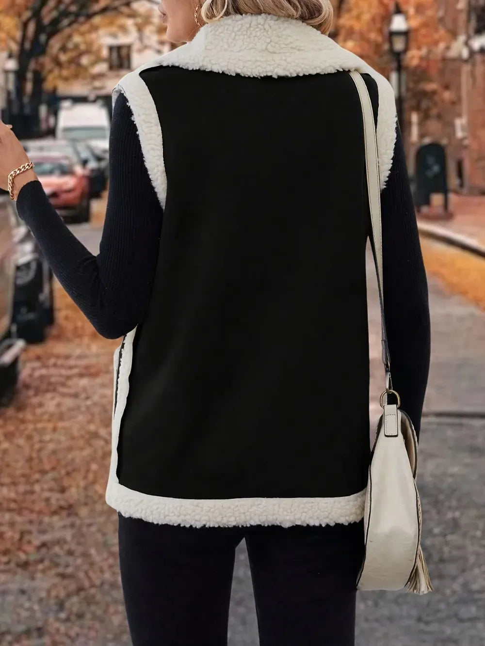 Full Size Contrast Open Front Sherpa Vest Coat for Women – Cozy, Stylish, and Warm Outerwear for Winter