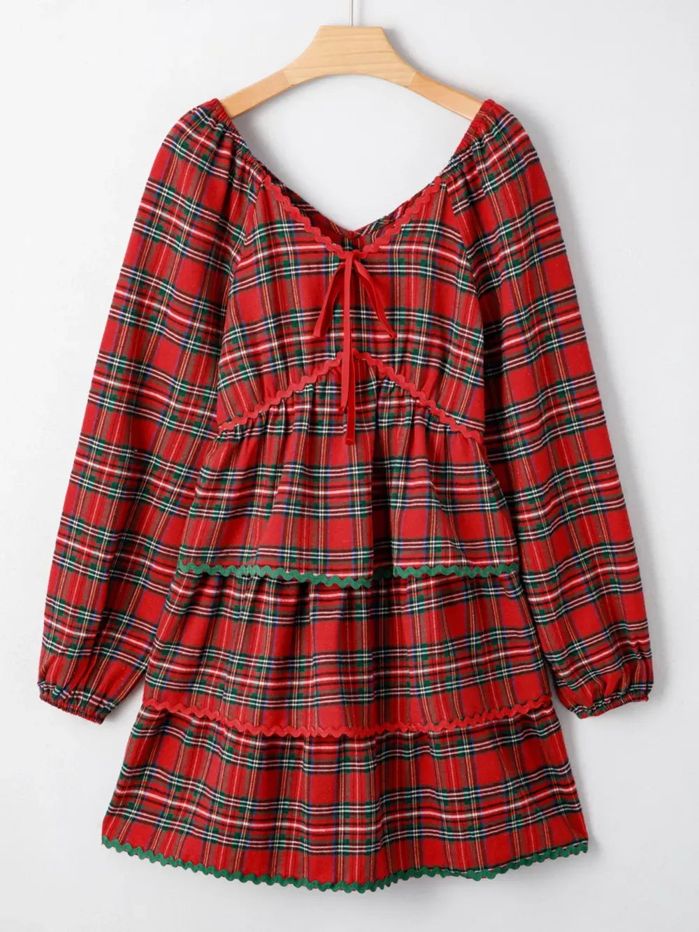 Plaid Print Ricrac Tiered Bubble Sleeve Mini Dress – Trendy, Flattering, and Stylish for Casual and Special Occasions