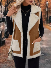 Full Size Contrast Open Front Sherpa Vest Coat for Women – Cozy, Stylish, and Warm Outerwear for Winter