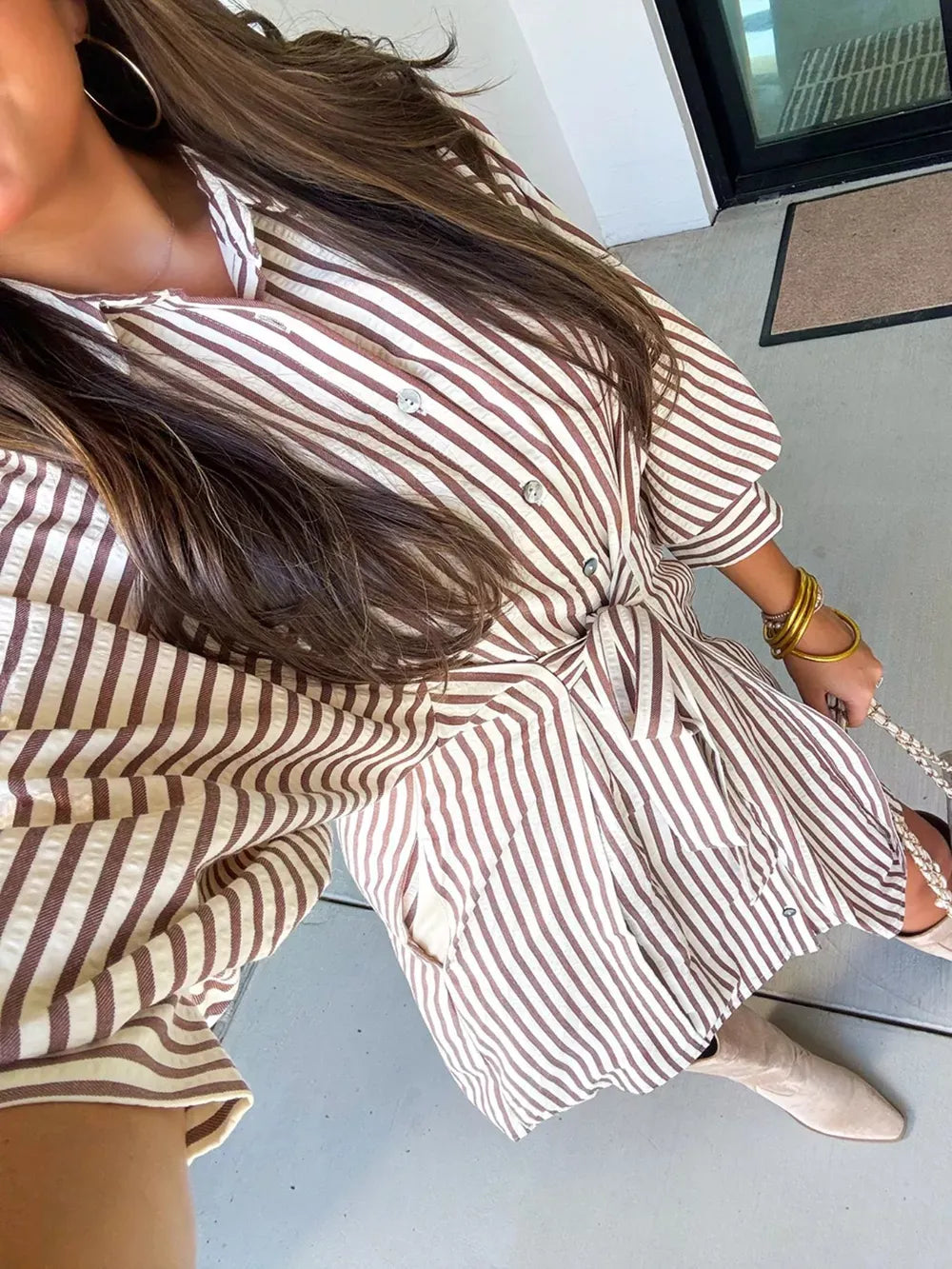 Striped Tie Waist Shirt Dress for Women – Stylish, Comfortable, and Flattering for Everyday Wear