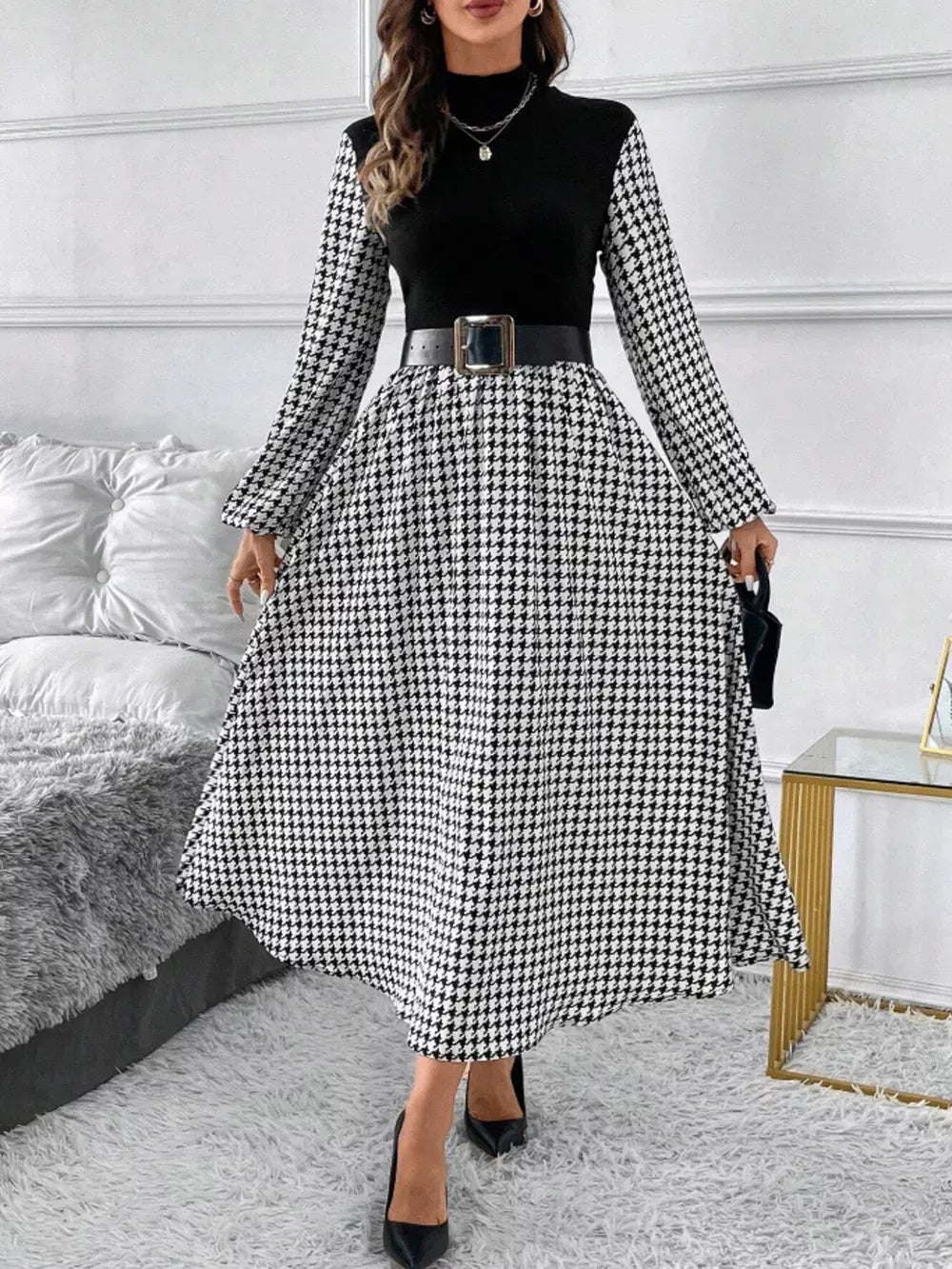 Houndstooth Mock Neck A-Line Dress for Women – Chic, Timeless Pattern, Elegant Fit for Any Occasion