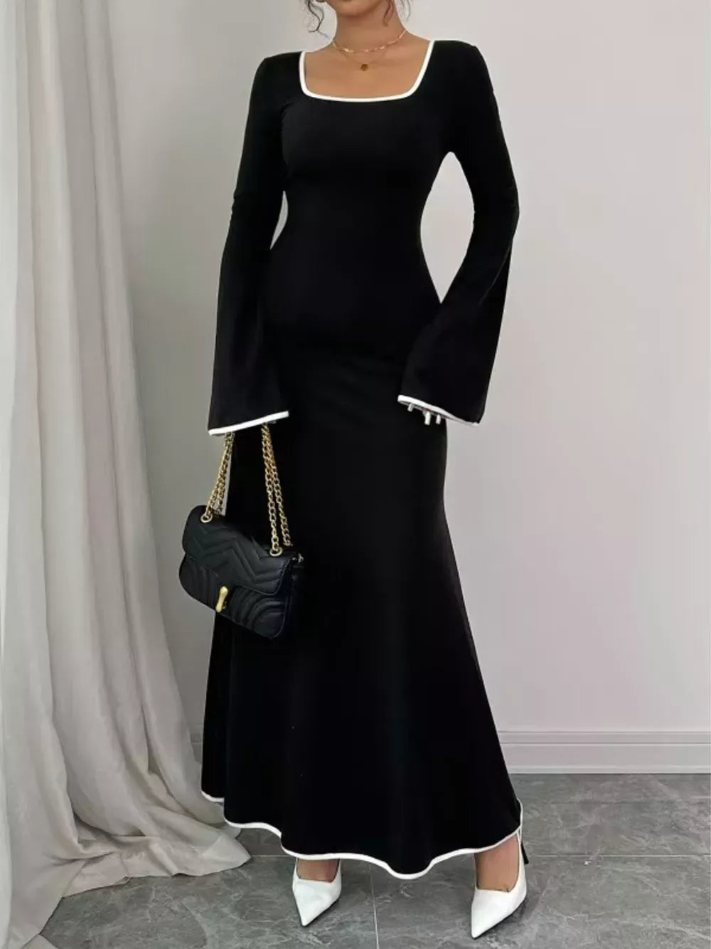 Square Neck Flare Sleeve Maxi Dress for Women – Elegant, Flattering Fit for Special Occasions