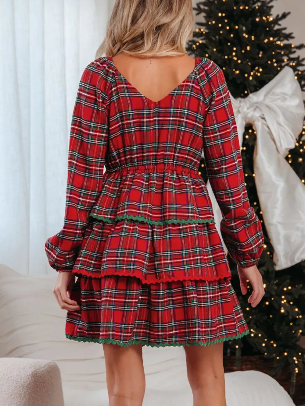Plaid Print Ricrac Tiered Bubble Sleeve Mini Dress – Trendy, Flattering, and Stylish for Casual and Special Occasions