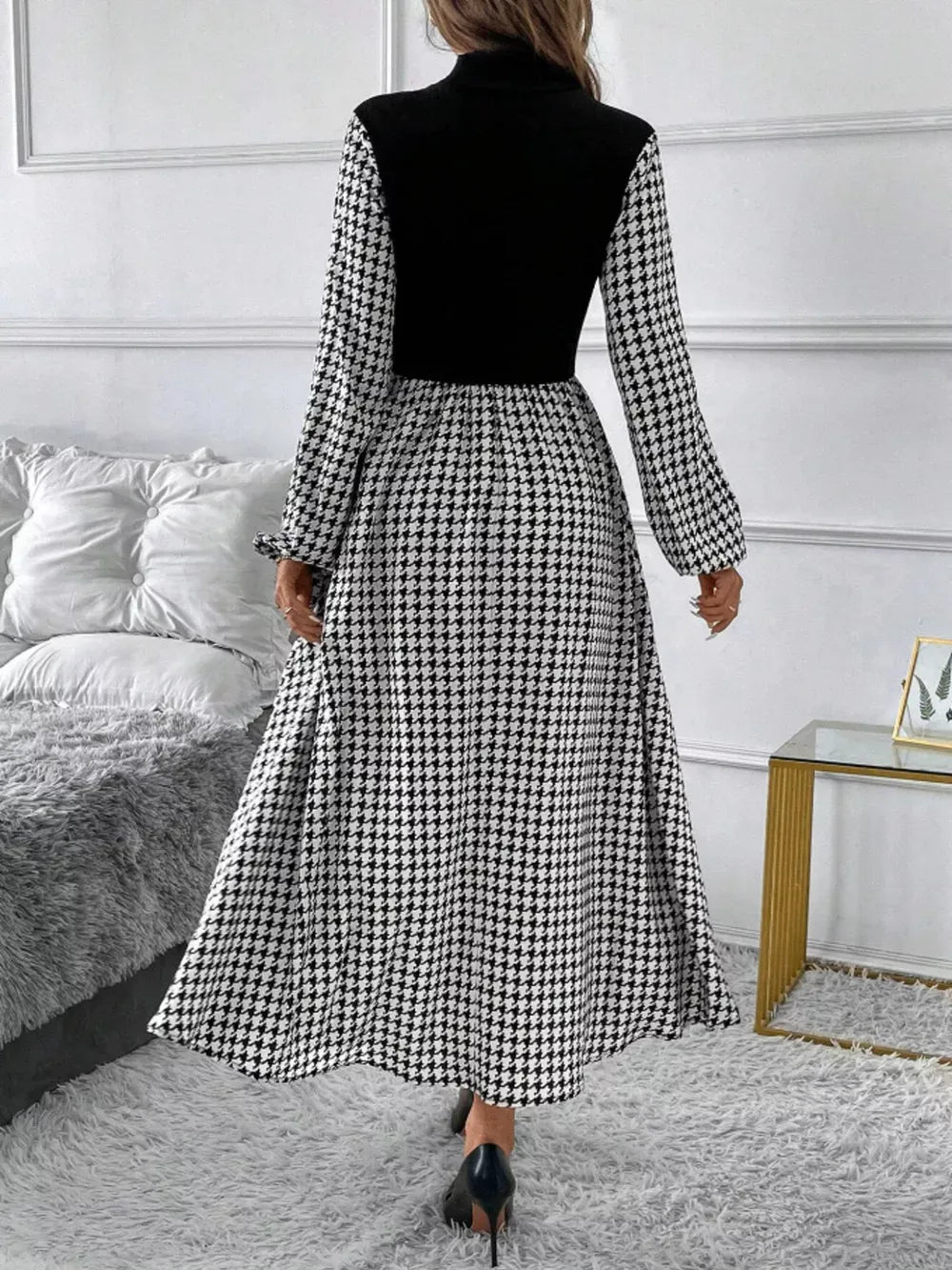 Houndstooth Mock Neck A-Line Dress for Women – Chic, Timeless Pattern, Elegant Fit for Any Occasion
