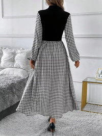 Houndstooth Mock Neck A-Line Dress for Women – Chic, Timeless Pattern, Elegant Fit for Any Occasion