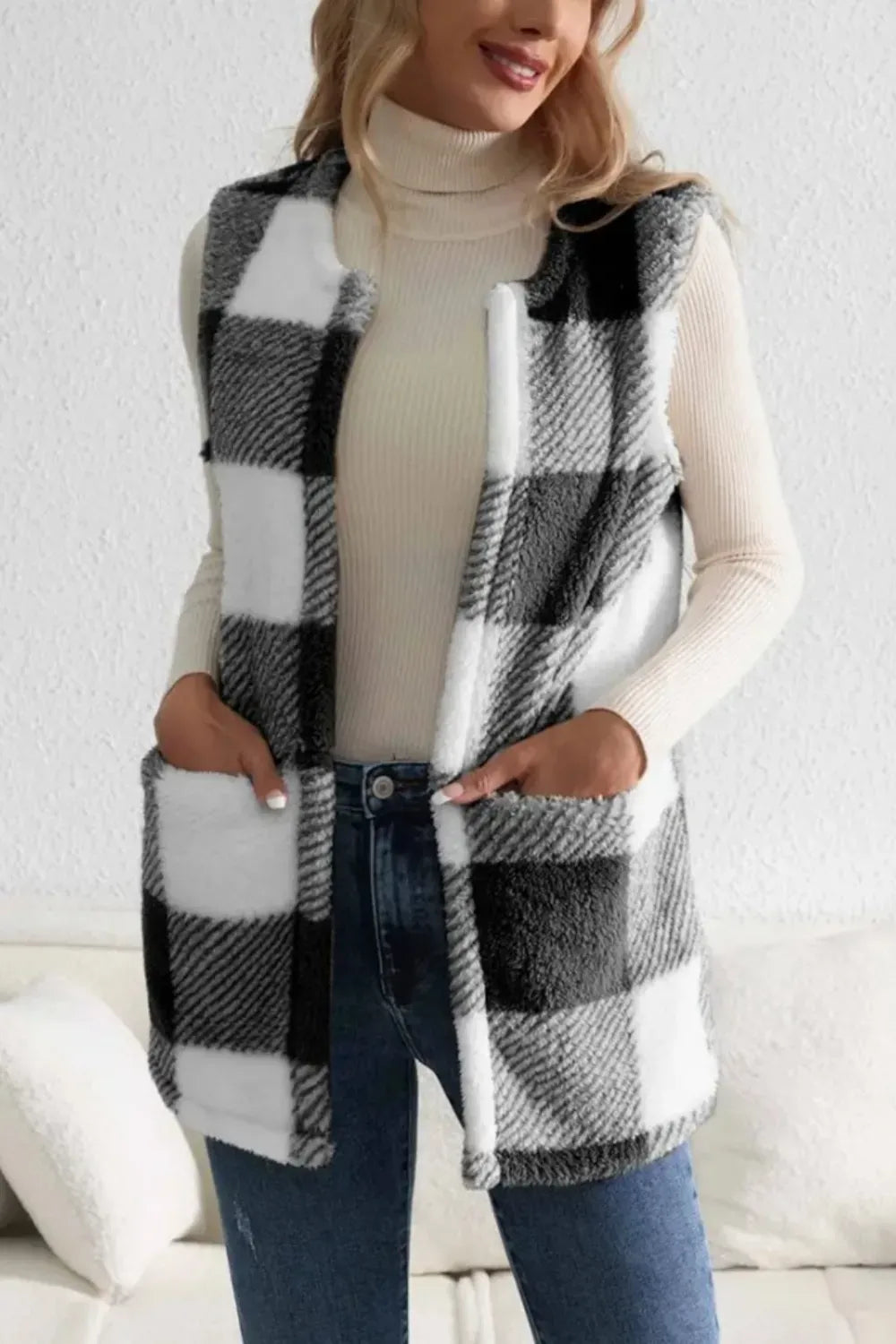 Women’s Sherpa Plaid Open-Front Vest Coat – Cozy Winter Layer