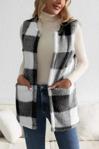 Women’s Sherpa Plaid Open-Front Vest Coat – Cozy Winter Layer