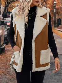 Full Size Contrast Open Front Sherpa Vest Coat for Women – Cozy, Stylish, and Warm Outerwear for Winter